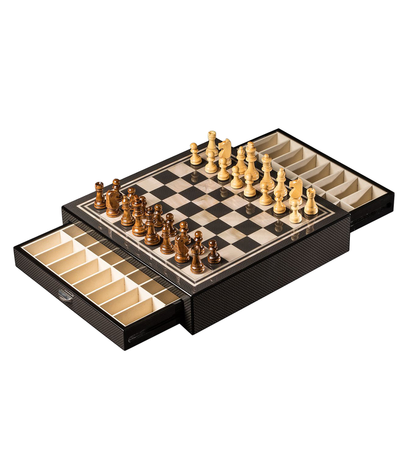 Large Chess Set in Carbon Fiber and Mother of Pearl