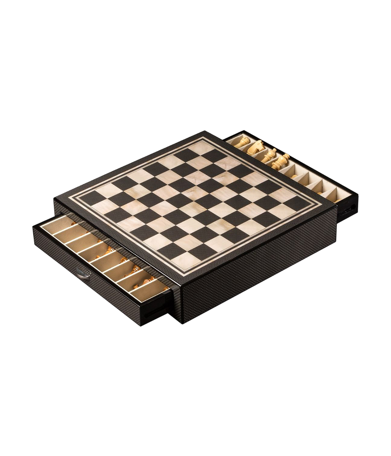 Large Chess Set in Carbon Fiber and Mother of Pearl