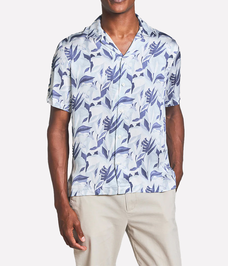 Roberto Silk Short Sleeve Shirt Tropico Print in Cool Bue