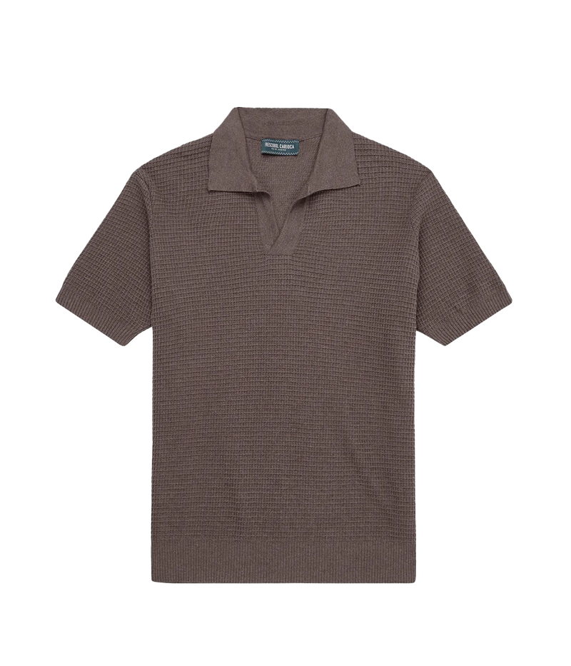 Rino Waffle Stitch V Neck Short Sleeve Polo in Dark Oat