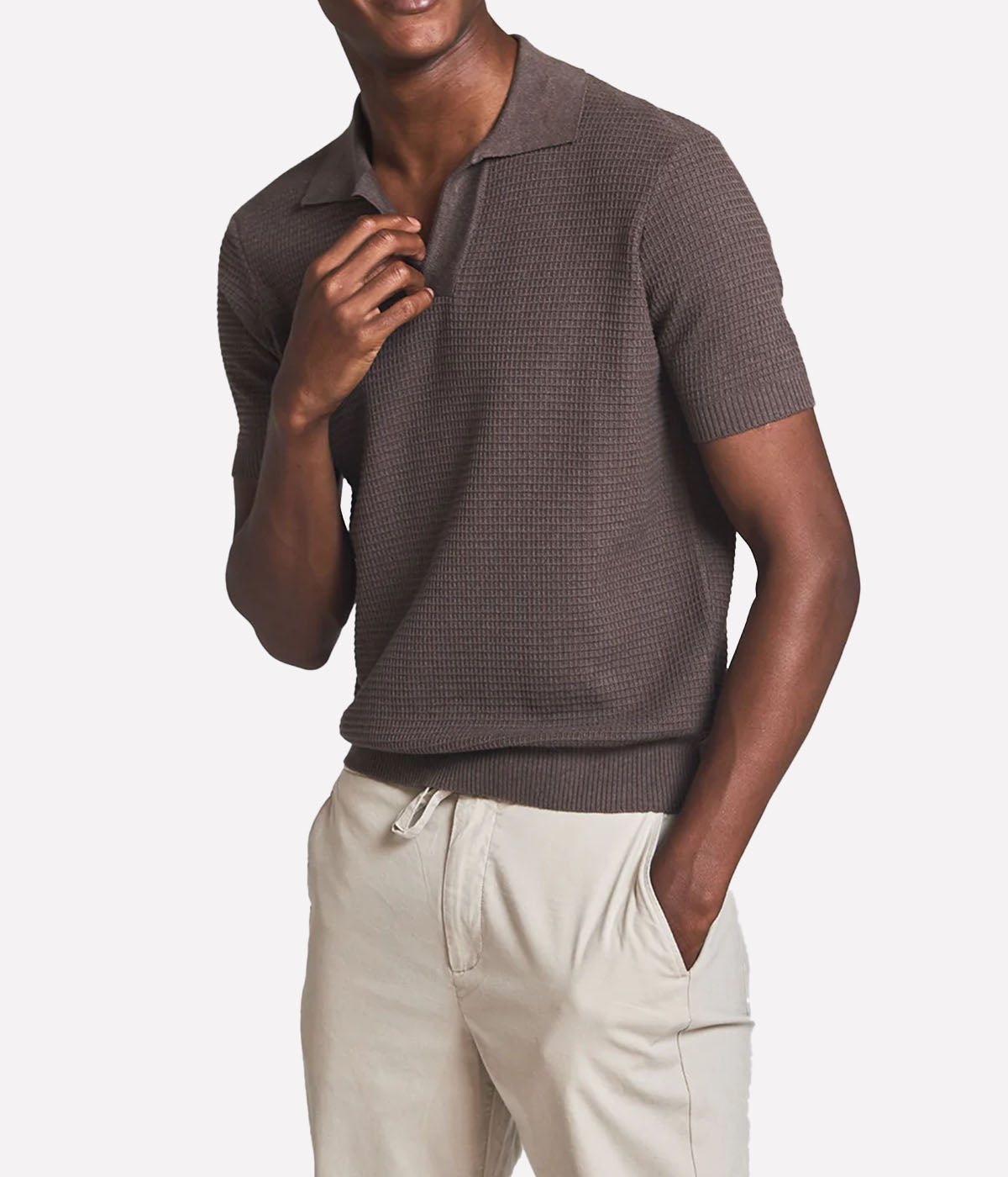 Rino Waffle Stitch V Neck Short Sleeve Polo in Dark Oat