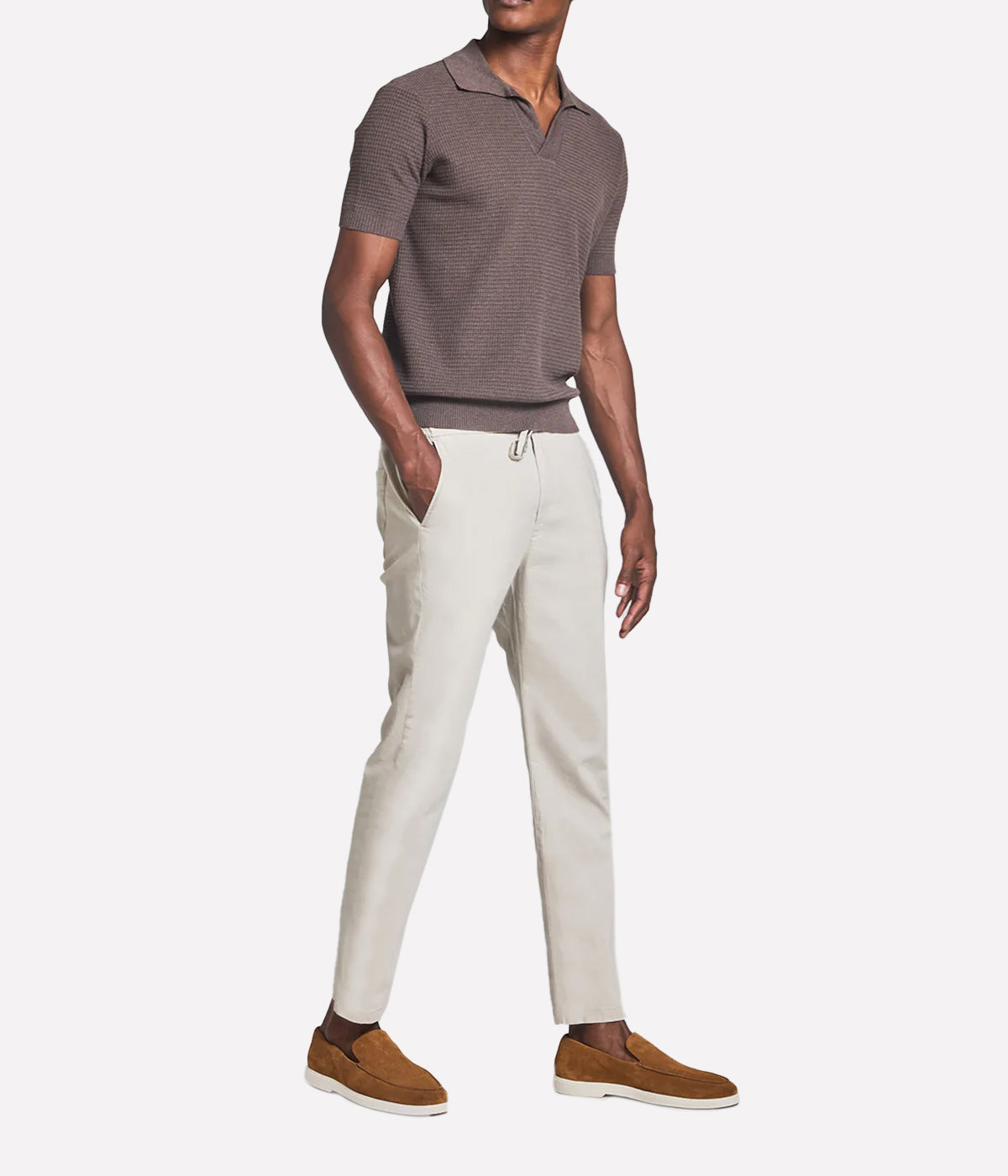 Rino Waffle Stitch V Neck Short Sleeve Polo in Dark Oat