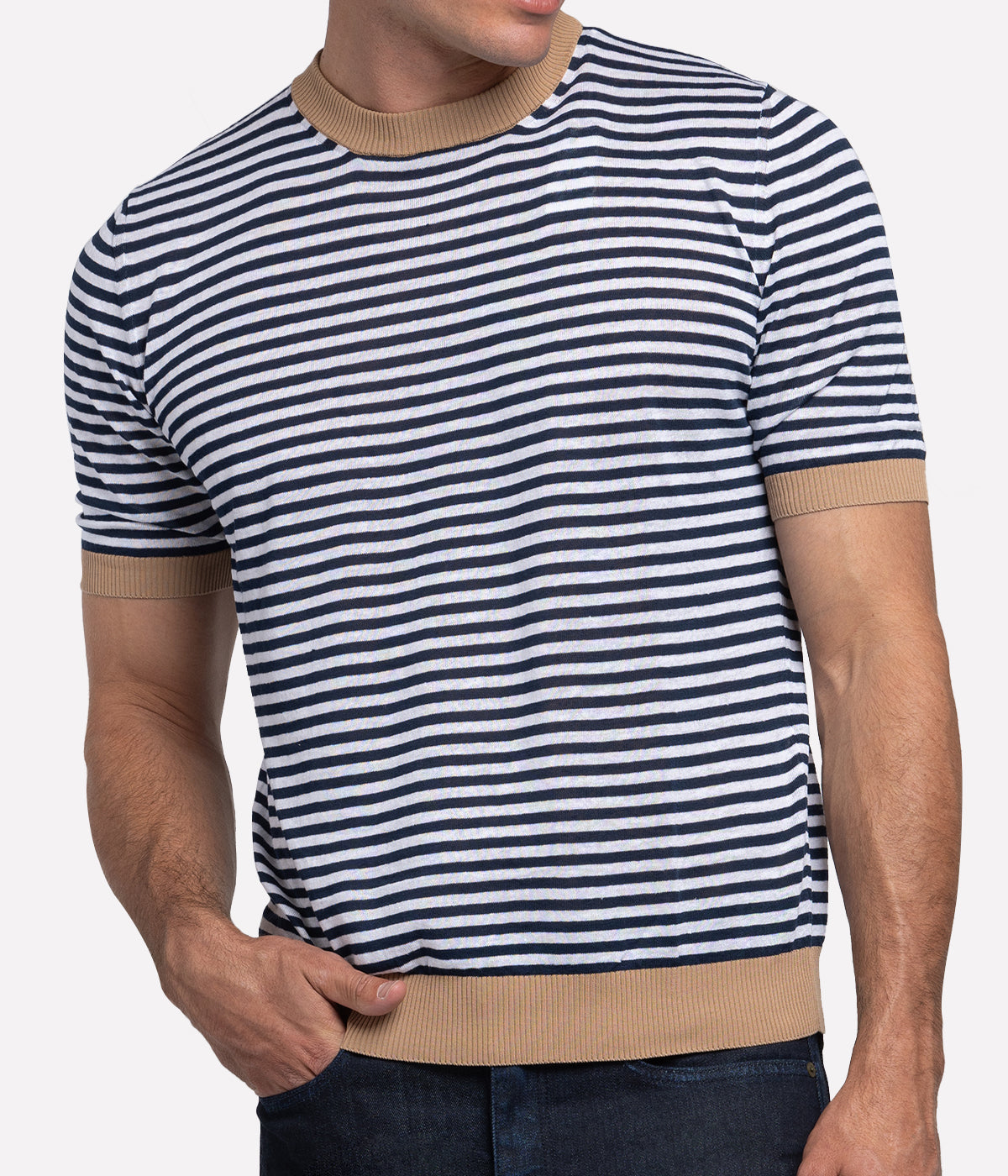 Crewneck Knit Shirt in White, Blue & Camel Stripe