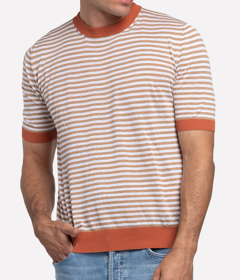 Crewneck Knit Shirt in White & Camel Stripe