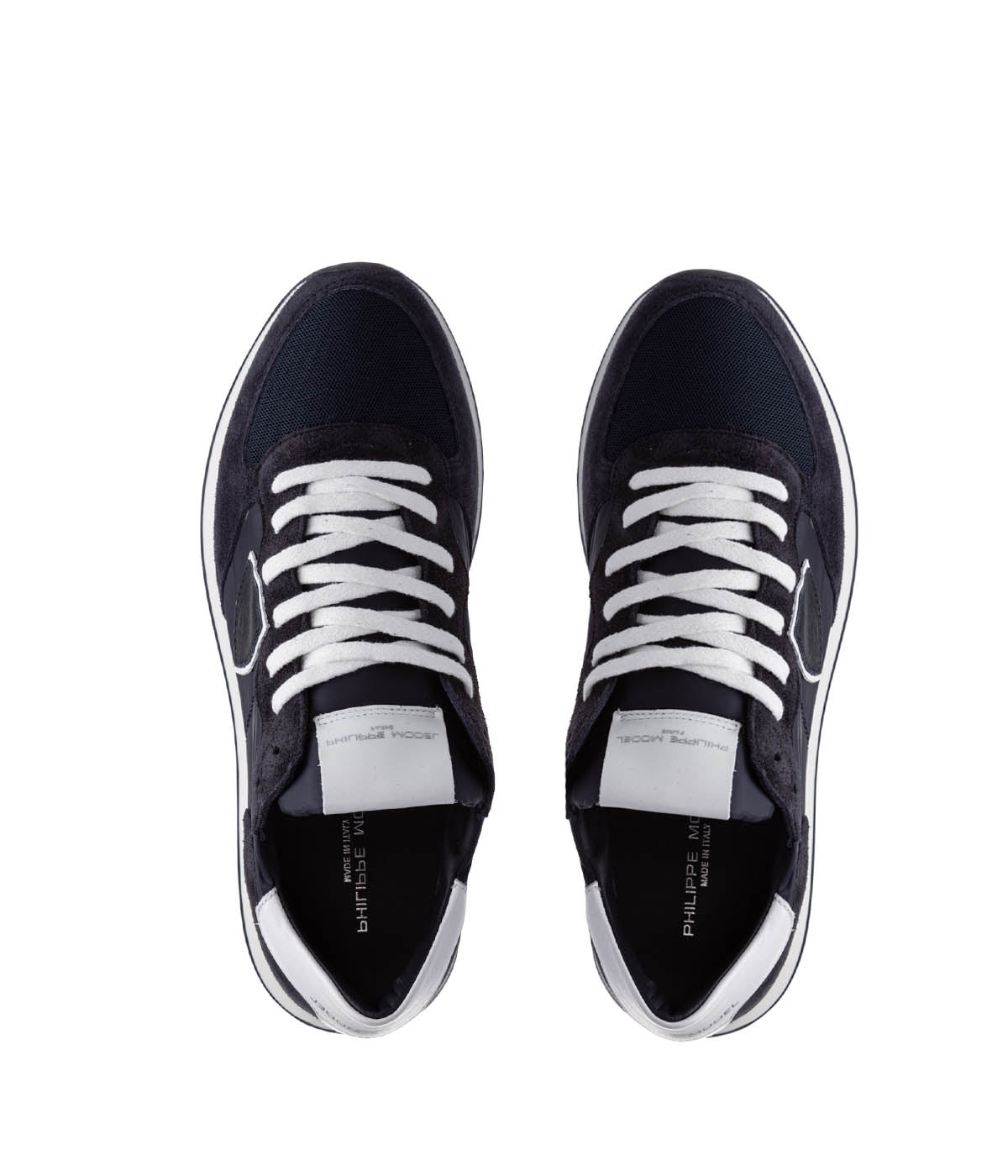 Top view of Philippe Model TRPX sneakers, showcasing the sleek, retro-inspired silhouette with a sporty design. The premium materials and handcrafted details highlight their Made in Italy quality and vibrant urban style.