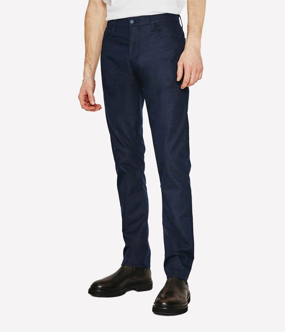 Front view of the Tellis Modern Slim Fit Pant in dark blue, crafted from 5.9 oz. Commuter Performance Sateen with premium stretch for enhanced mobility. Features a fitted upper block, tapered leg opening, and five-pocket design with tonal stitching and a matching shank button.