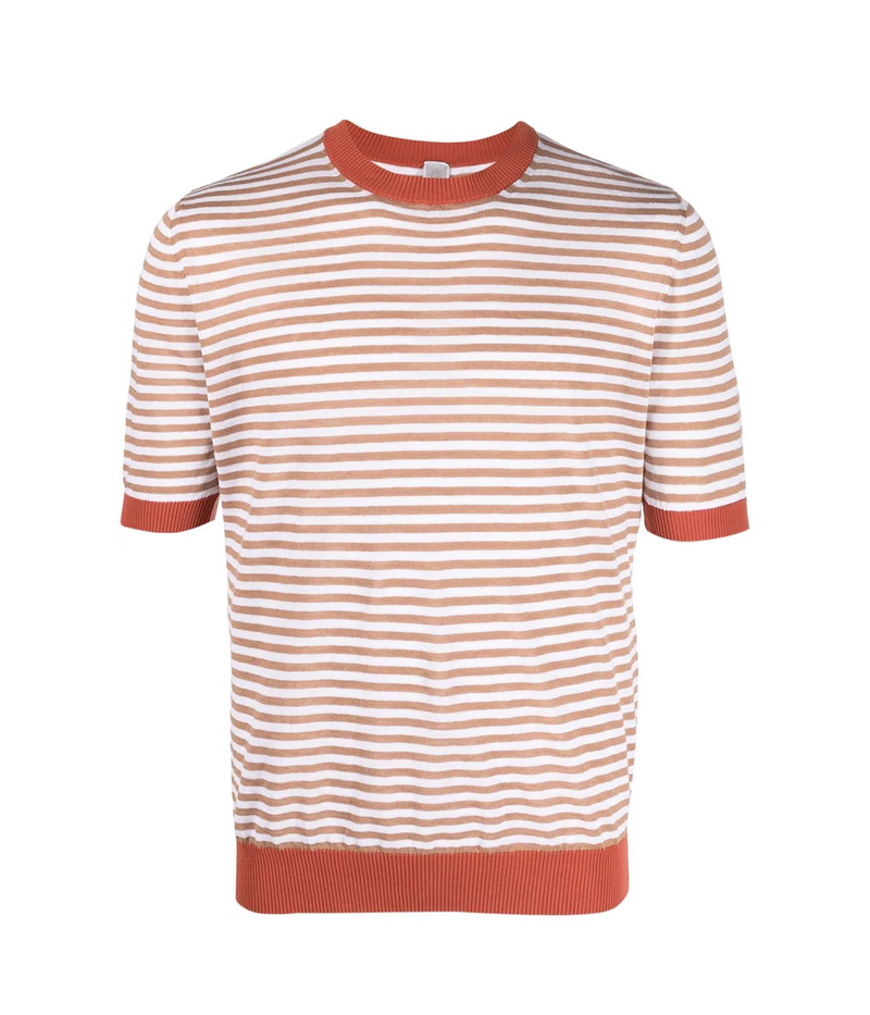 Crewneck Knit Shirt in White & Camel Stripe