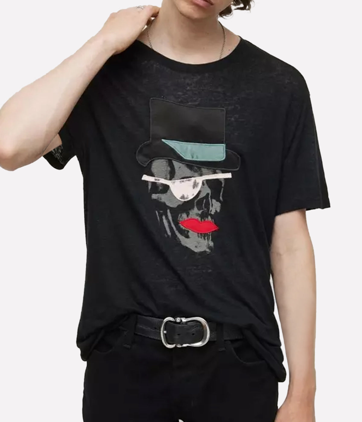 Top Hat Skull Crew T-Shirt in Black