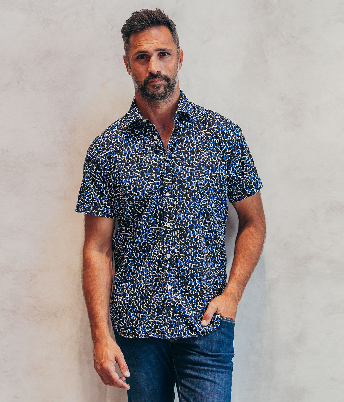 Slim Fit Short Sleeve Shirt in Neon Blue & Black Leopard