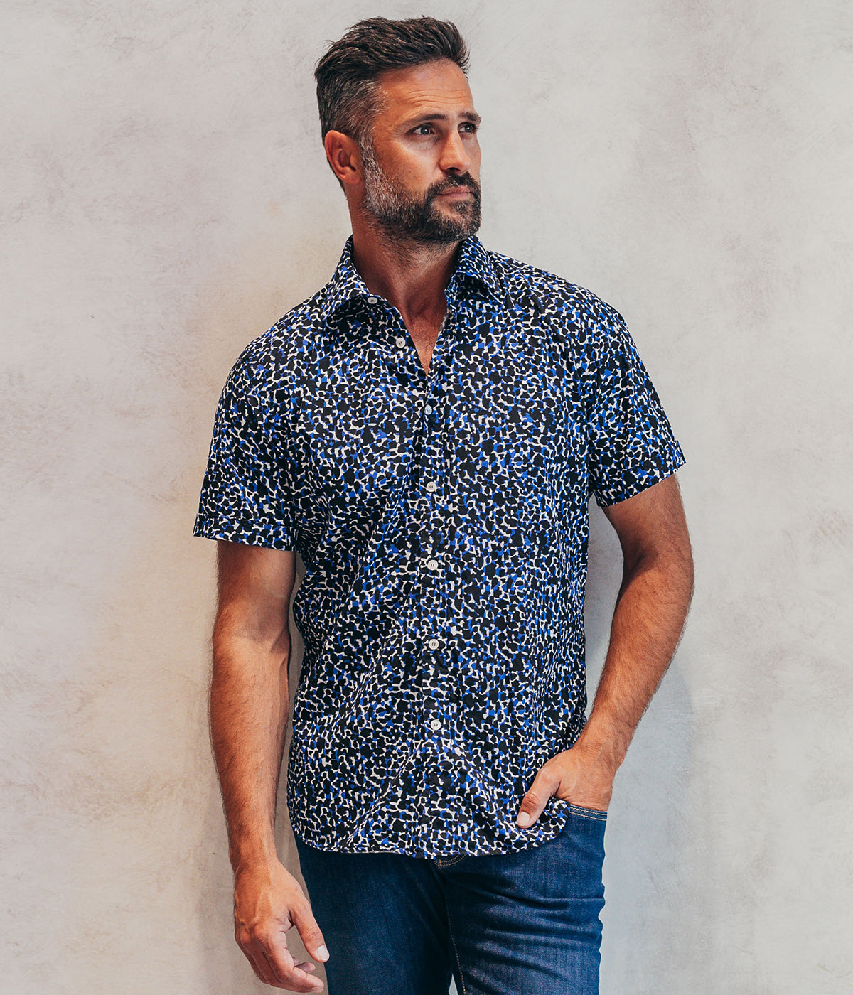 Slim Fit Short Sleeve Shirt in Neon Blue & Black Leopard