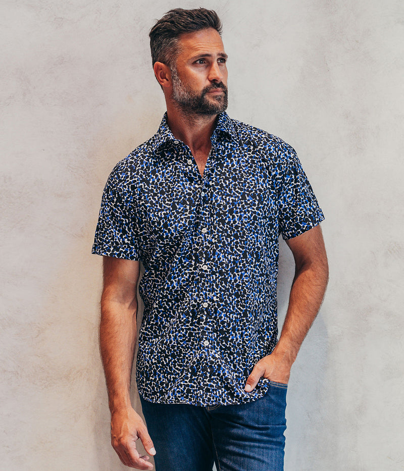 Slim Fit Short Sleeve Shirt in Neon Blue & Black Leopard