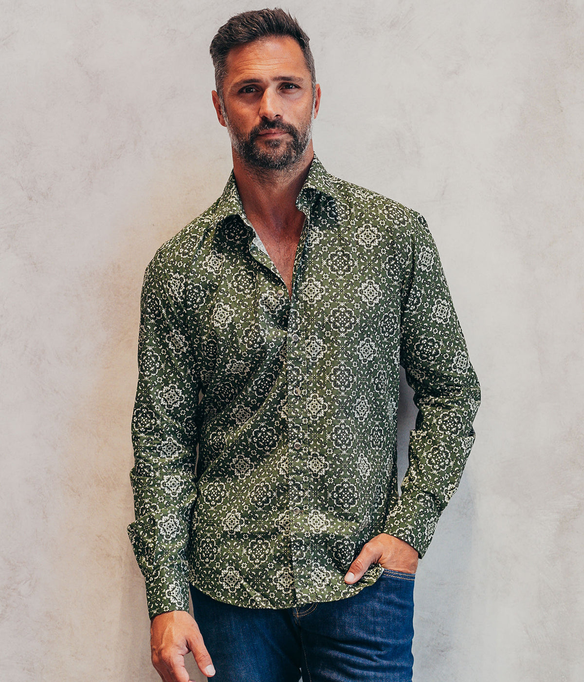 Slim Fit Shirt in Olive, Black & White Pattern