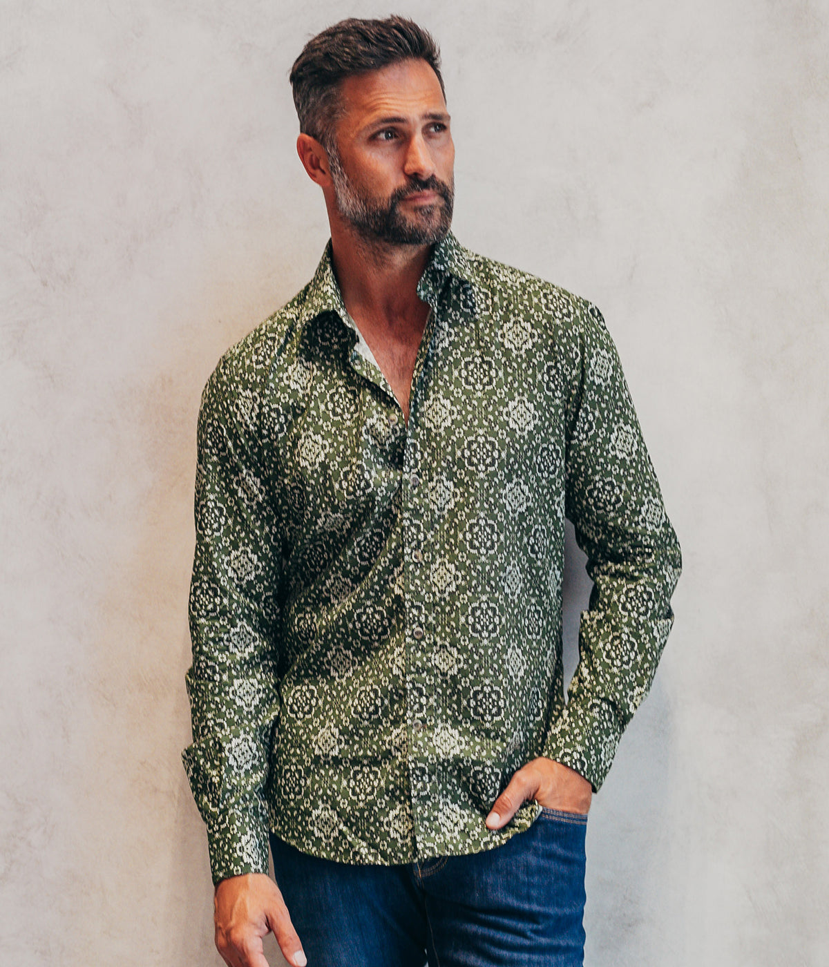 Slim Fit Shirt in Olive, Black & White Pattern