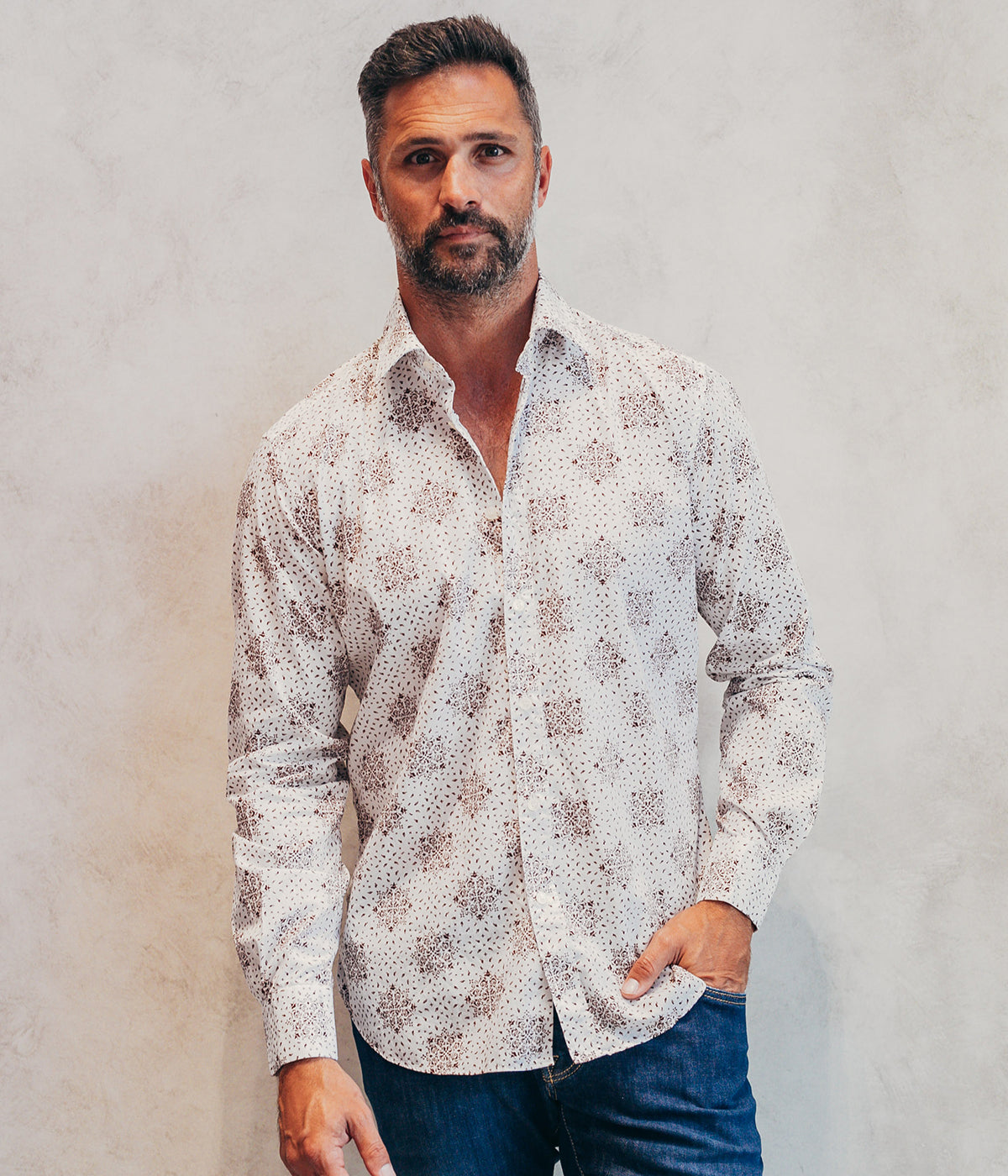 Slim Fit Shirt in White & Brown Pattern